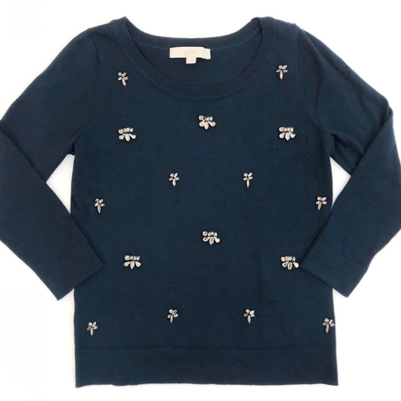 LOFT Navy Jeweled 3/4 Sleeves Crewneck Sweater - Picture 1 of 7